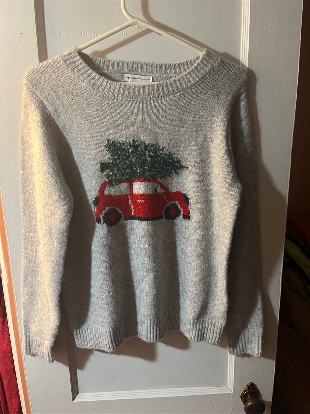 cupcakes & cashmere Gray Crewneck Sweater with Red Car and Green Tree